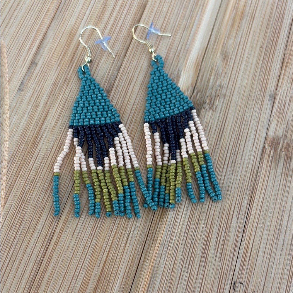 Ink & Ally Handcrafted Seed Bead/Fringe Earrings - Teal, Ink, Blush & Olive